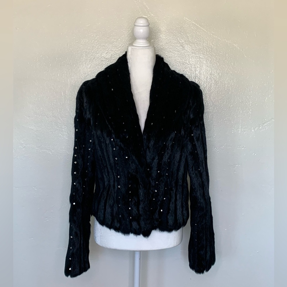 Cache Black Rabbit Fur Coat with Crystals